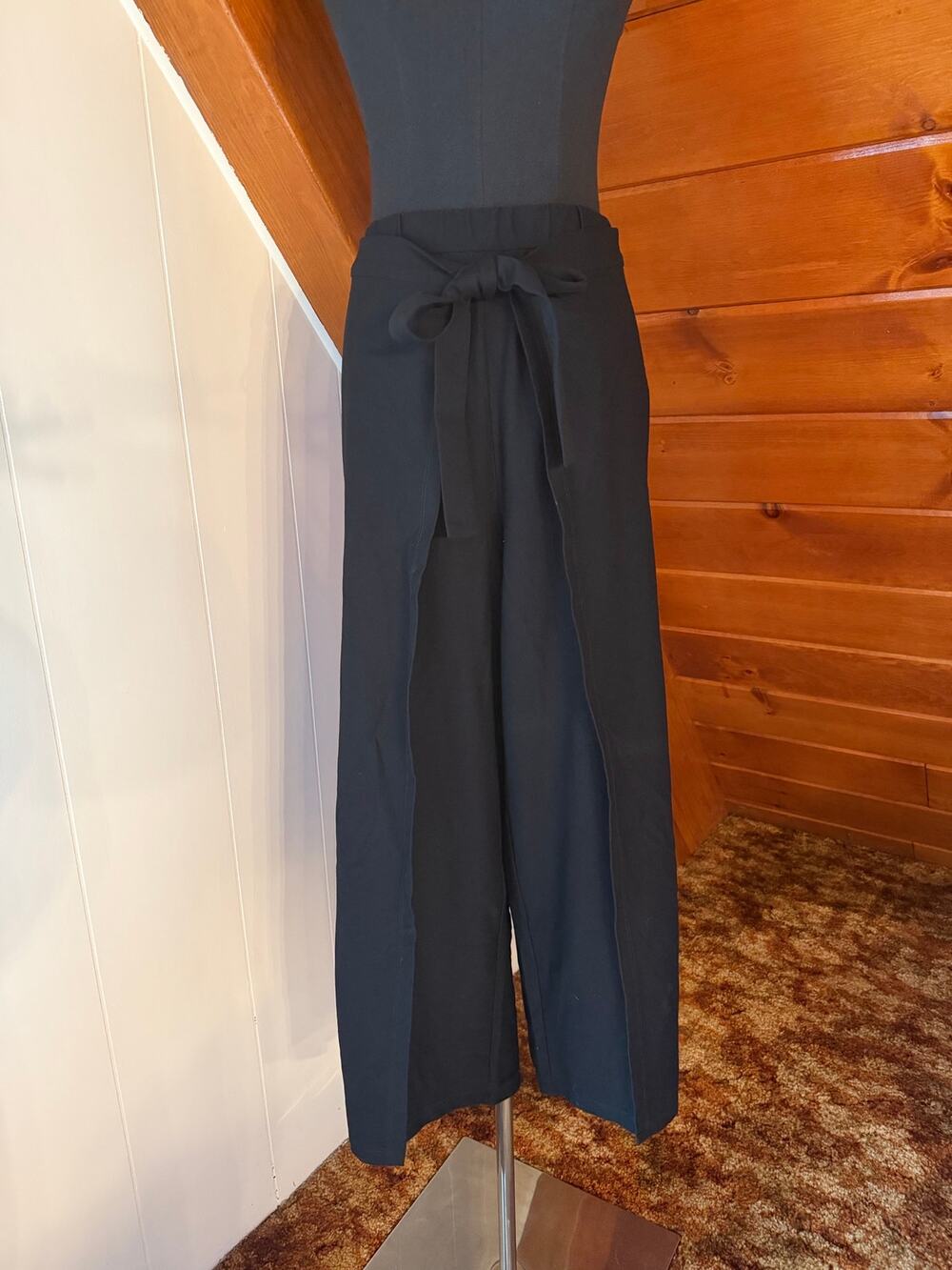 Eileen Fisher NWT Black Stretch Crepe Overlay Tie Wide-Leg Crop Pants sz XL